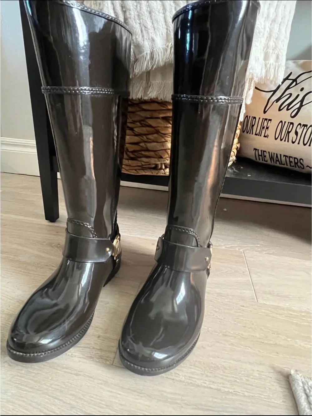 Michael Kors Black Patent Tall Rain Boots with Gold MK Emblem